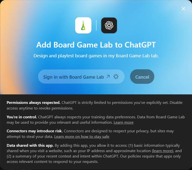 The Add Board Game Lab to ChatGPT window with the Sign in with Board Game Lab button