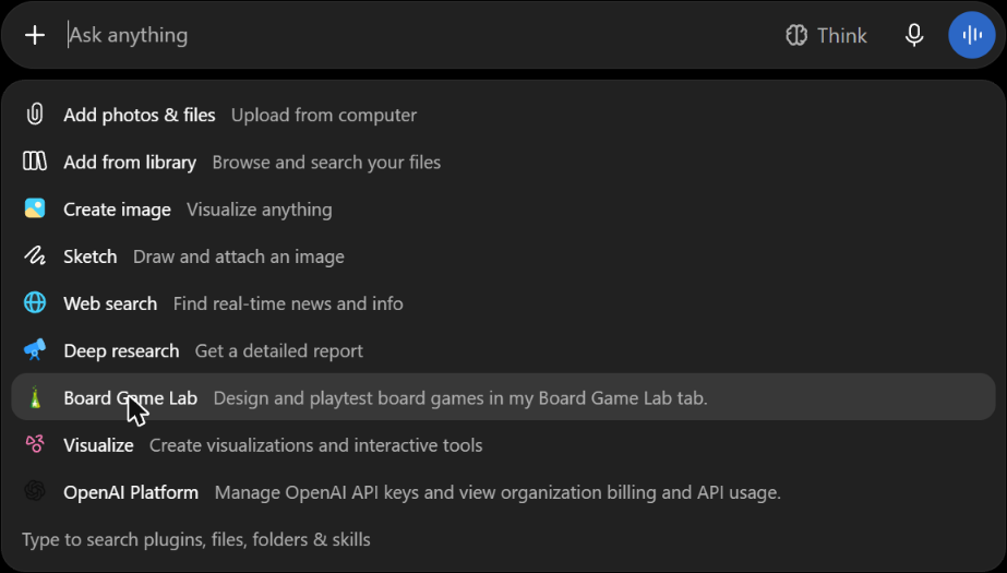 The + menu of the message box, with Board Game Lab in the list