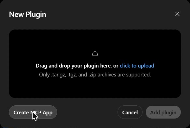 The New Plugin window with the Create MCP App button
