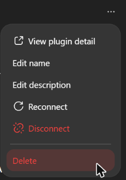 The ⋯ menu of Board Game Lab's page: View plugin detail, Edit name, Edit description, Reconnect, Disconnect, Delete