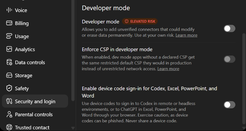 Settings, Security and login, with the Developer mode switch turned off