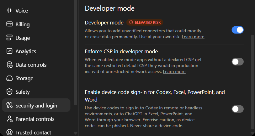 ChatGPT settings, Security and login, with the Developer mode switch turned on
