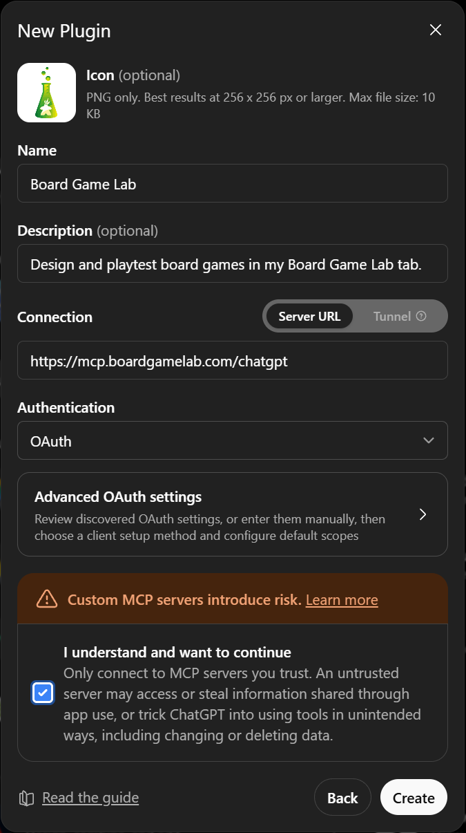 The filled-in New Plugin form: the optional icon, name Board Game Lab, the optional description, the server URL, OAuth, the box ticked, the Create button