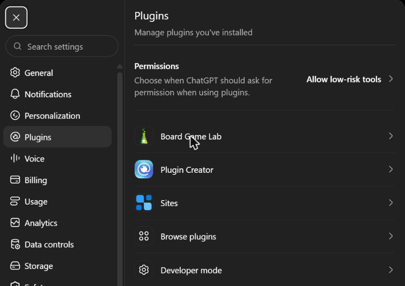 Settings, Plugins: Board Game Lab in the list of installed plugins