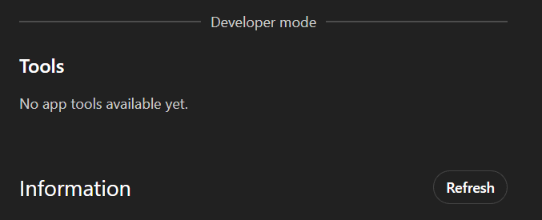 The Tools section saying No app tools available yet, and the Refresh button