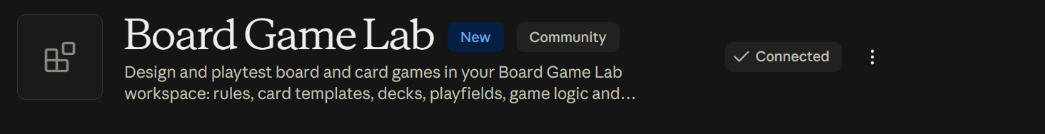 The Board Game Lab connector page showing Connected