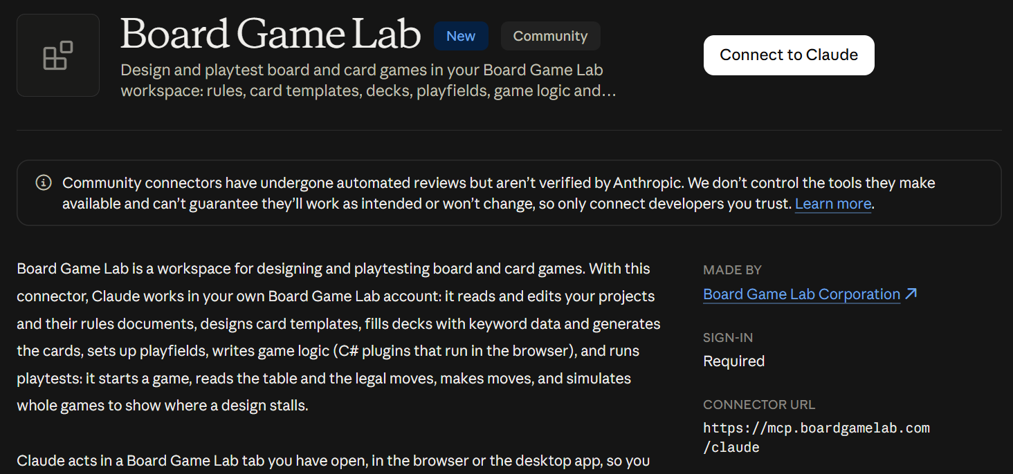 Board Game Lab in Claude's connector directory, with the Connect to Claude button