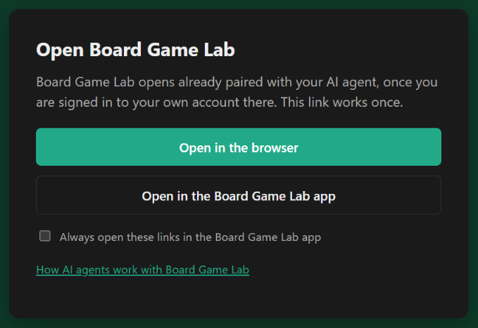 The Open Board Game Lab page with the Open in the browser and Open in the Board Game Lab app buttons